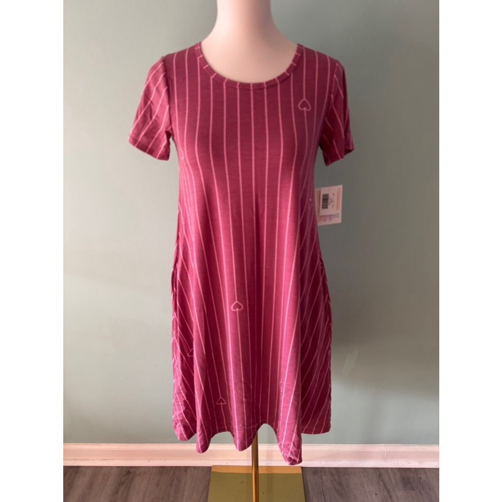 Women's LuLaRoe Jessie Dress XXS Maroon Pink Striped Heart Print